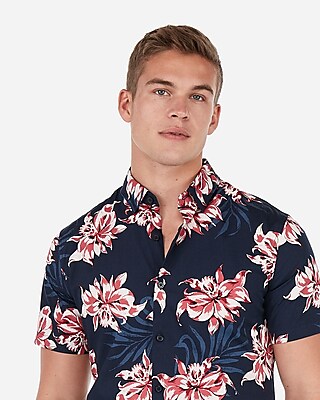 YUELANDE-Men Short Sleeve Lapel Floral Print Button Down Dress Shirt Top 